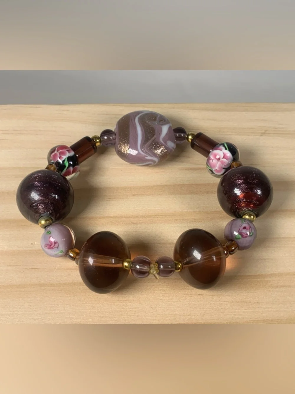 Vintage Purple Floral Murano Lampwork Glass Beaded Stretch Bracelet 7”
